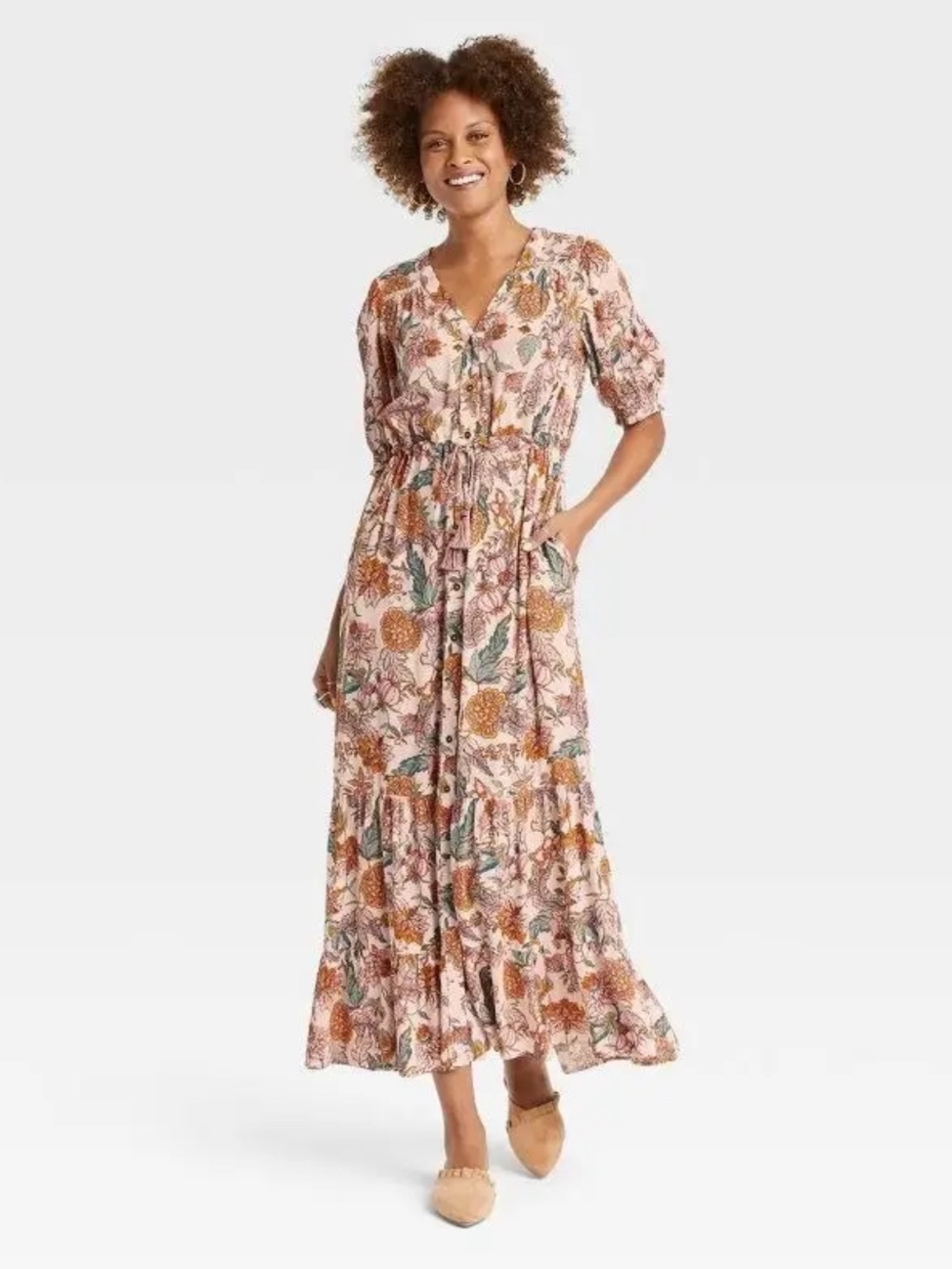 Knox Rose Multi-Color Floral Button-Front Maxi Dress XS pockets Oversized Draws
